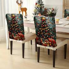 1 Stück/4 Stücke/6 Stücke/10 Stücke Weihnachtsbaum Plüsch Stuhlbezug, Muster mit Weihnachtsbaum dekoriert mit roten & goldenen Ornamenten, goldenem Stern an der Spitze und goldenem Band - Verschiedenfarbig - Übersicht 8