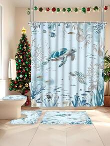 Ensemble de 4 pièces de rideau de douche de salle de bain avec motif tortue, comprenant un rideau de douche imperméable, un tapis de bain, un couvre-siège de toilette et un tapis en U - Ensemble de décoration de salle de bain lavable avec motif de dessin animé, cadeau de Noël et d'Halloween parfait pour les amis et la famille