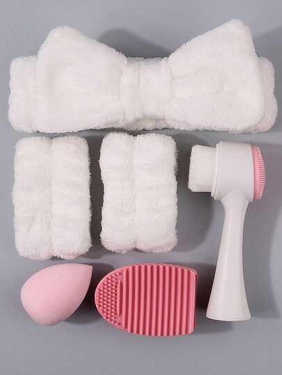 1/2/3/4/6 pezzi Set di strumenti per la pulizia del bagno in , include: Fascia/Polsino assorbente super, Spazzola per pulizia del viso a doppia setola morbida, Spugna per trucco ad alta elasticità, Pulitore per pennelli da trucco in silicone multifunzione