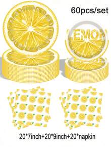 Fresh Lemon Pattern Disposable Tableware Set 20-100pcs 7/9 Inch Plates 9oz Cups Napkins Summer Picnic Wedding Birthday Party Supplies - Multicolor - View 9
