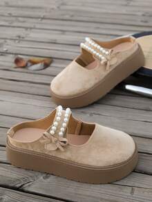 Perlenschlaufen-Schlupfschuhe mit Schleife, retromodische bequeme Flache Schuhe, modische vielseitige Dicksohlen-Flats, Neuer Stil für Herbst/Winter