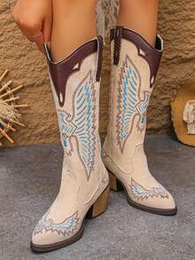 Botas Ocidentais Femininas de Salto Bloco de Bico Fino com Bordado da Moda, Design Versátil e Confortável Adequado para Festivais de Música, Viagens ao Ar Livre, Ciclismo, Férias