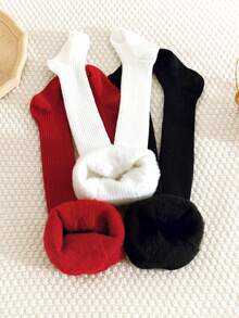 3pcs Girls' Solid Color Leggings, Thermal Lined, Soft & Comfortable, Suitable For Autumn/Winter; Young Girls' Vertical Striped Thermal Tights, Suitable For Daily Wear