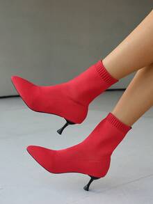 Damen elegante rote unifarbene elastische Knöchelstiefel, Pyramiden-Spitzenschuhe Socken-Stiefel Herbst/Winter gestrickte Kurzstiefel Mode Socken-Stiefel High Heel Stiefel Urlaubs-Kurzstiefel Outdoor-Knöchelstiefel, Weihnachtsparty rote Stiefel