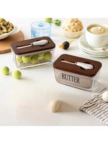 1pc Acacia Wood Lid Glass Butter Dish Set. Thick Glass Butter Container With Bamboo Lid For Home Kitchen, Large Butter/Cookie/Snack Storage, Suitable For Gifts, Christmas Present