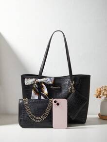 女士三件套：单肩围巾、托特包、链条单肩包和零钱包，鳄鱼压纹 - 黑色 - 查看 3