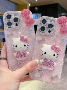 Sanrio 1 buc Carcasă de telefon roz cu stras Hello Kitty, cu fundă mare și diamant, acoperire completă, de lux pentru femei, TPU, rezistentă la șocuri, pentru iPhone 11/12/13/14/15/16/17 Pro Max