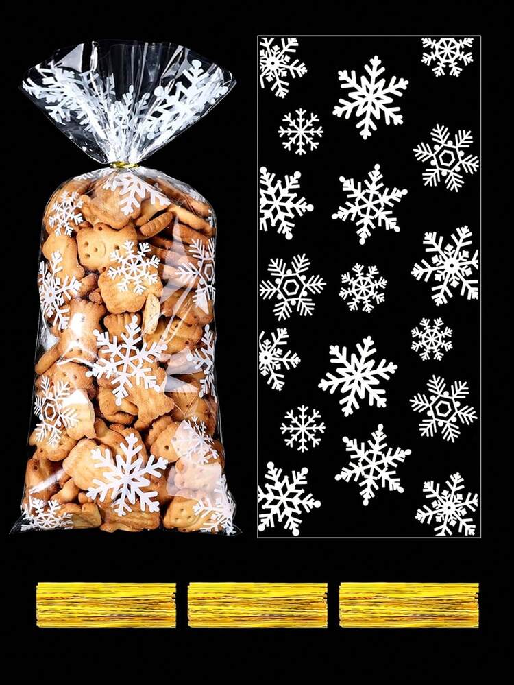 圣诞透明糖果袋 冬季雪花图案袋 宽口透明玻璃纸袋 圣诞派对礼品袋 带系带圣诞派对礼品袋 庆祝活动 - 彩色 - 查看 1