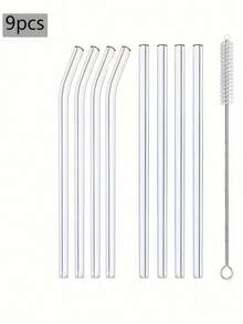 9er-Pack Glas Strohhalm Set mit Reinigungsbürste - wiederverwendbare gebogene und gerade Strohhalme für Getränke, Cocktails - perfekt für Zuhause, Partys, Bars, Bubble Tea Läden, Weihnachtsgeschenke, Einschulung, Schulbedarf