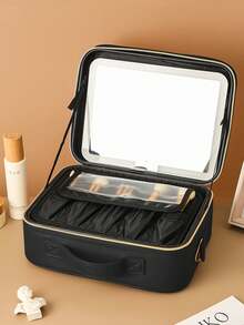Premium Sewing Makeup Bag With LED Mirror, 31*24*12cm Large Capacity Portable Shoulder Cosmetic Box, Suitcase Insert Design, Multi-Functional Storage Case For Cosmetics, Phones & Sundries, Suitable For Travel, Home & Presents - Large - View 5