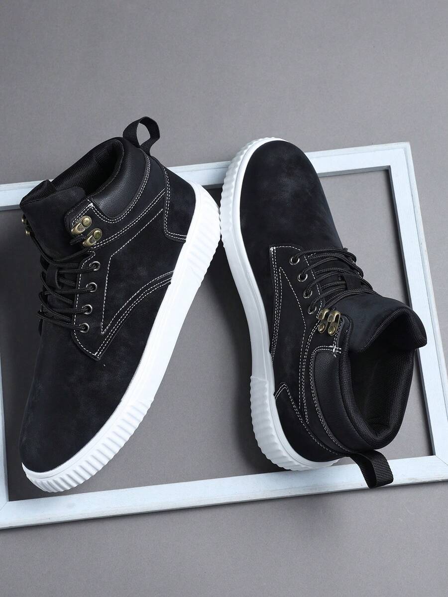 Fashion Casual Men's Flat Platform Shoes,Classic Stylish Men Sports Skate Shoes Lace-Up Running Shoes,Personalized Men Sneakers Street Casual Shoes - Black - View 1
