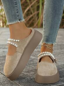 Perlenschlaufen-Schlupfschuhe mit Schleife, retromodische bequeme Flache Schuhe, modische vielseitige Dicksohlen-Flats, Neuer Stil für Herbst/Winter