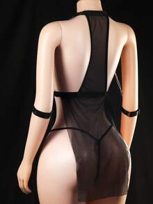 No-Tear Maid Costume Lingerie Strappy High-Cut Bodysuit Set - Black - View 4