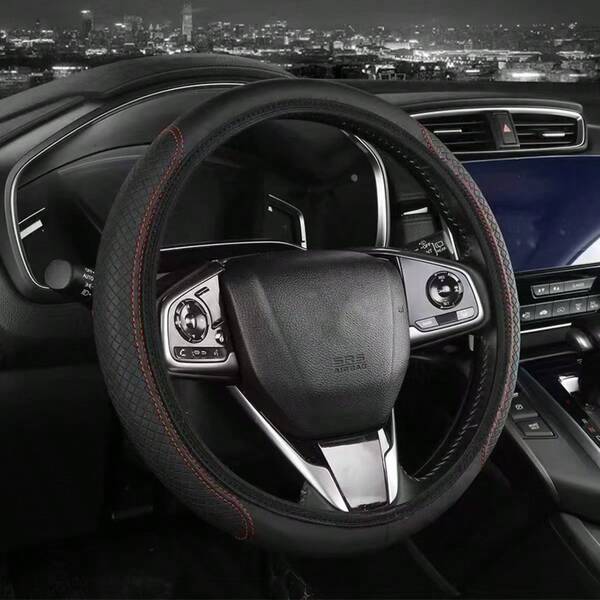 1 PC PU Leather 3D Comfortable Anti-Slip Leather Texture Steering Wheel Cover, Universal Fit For 14.5-15 Inch Cars, Automotive Accessories