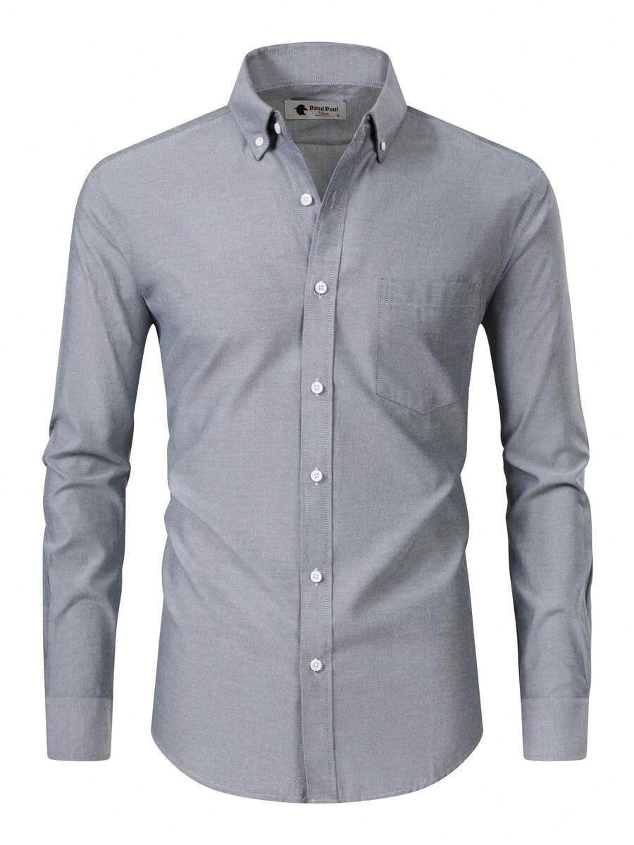 Rand paul Men's Long Sleeve Oxford Shirt, Plain, Casual And Formal, With Versatile Pocket - 灰色 - 查看 1