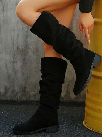 Women's Autumn/Winter New Faux Suede Fleece Tall Boots, Black Warm Fuzzy Comfortable Round Toe Chunky Heel Ruched Design Tall Boots, Retro Minimalist Stylish Versatile Fashion Boots, Slim Slouchy Boots