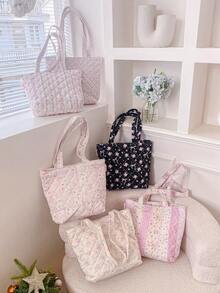 1 pièce Sac à main matelassé à motif floral, sac à bandoulière de voyage, sac fourre-tout à nœud et motif floral, sac de voyage à la mode, sac de courses, sac d'école, sac à déjeuner, grande capacité, sac de rangement pour aliments et fruits, boîte à déjeuner, pochette à bento, sac non isolant pour dîner, joli sac à déjeuner