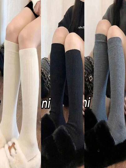 1 Pair/3 Pairs Women's Winter Solid Color Vertical Stripe Slimming Knee-High Socks, Fashionable, Warm, Casual, Versatile For Daily Wear