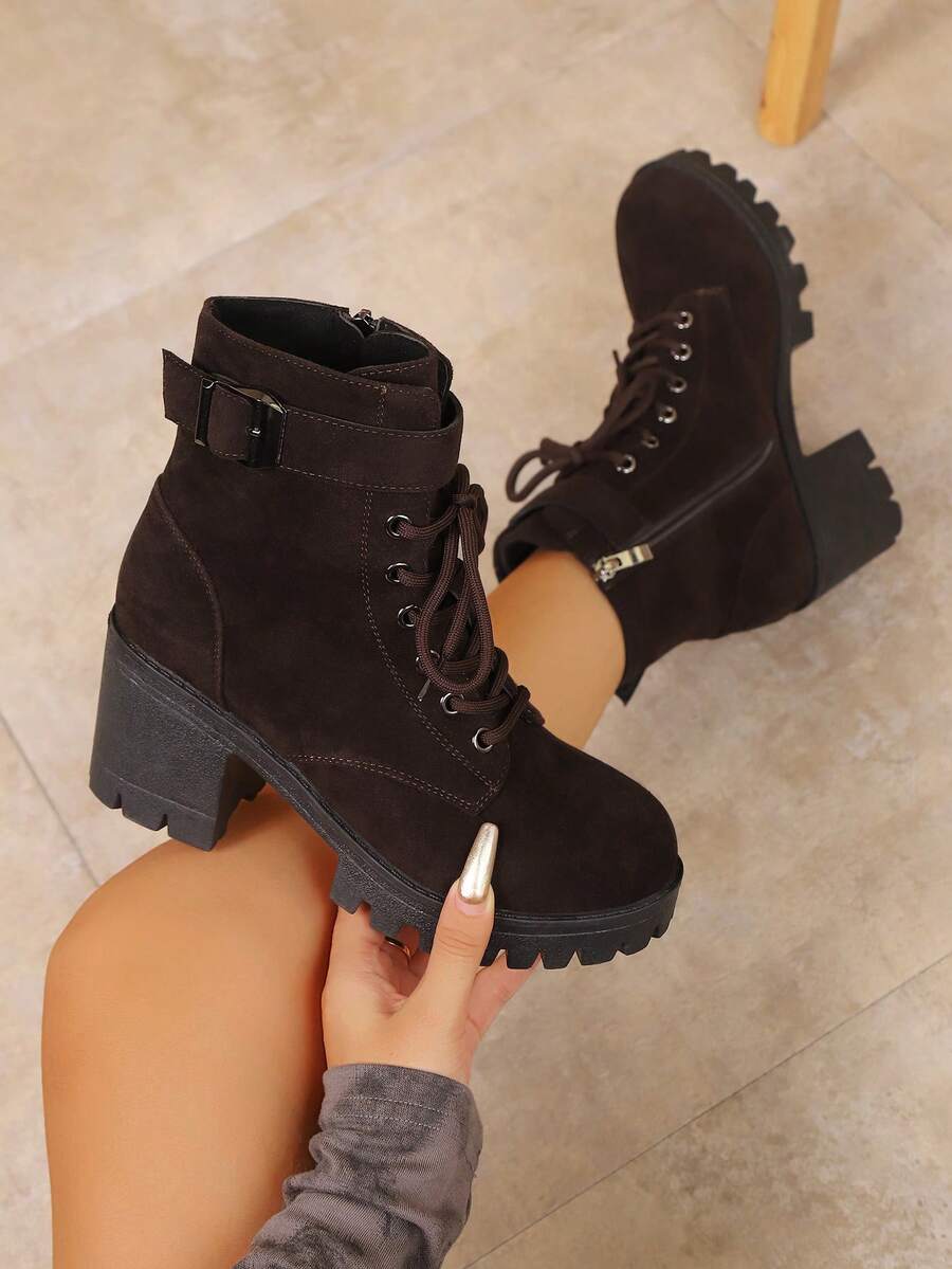 Nouvelles bottes à talons hauts  pour l'automne avec boucle, bottes à talon épais et bout rond pour femmes - Marron - Voir 1