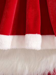 2pcs Girls Winter Plush Contrast Color Waistband Long Sleeve Elegant Christmas Dress & Hat Set