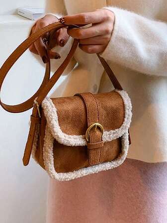 1 件迷你绒面鹿绒面毛绒装饰翻盖磁扣小方形单肩包，温暖冬季
