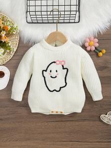 Infant Girls' Cute Ghost Pattern Solid Color Warm Knitted Romper, Halloween