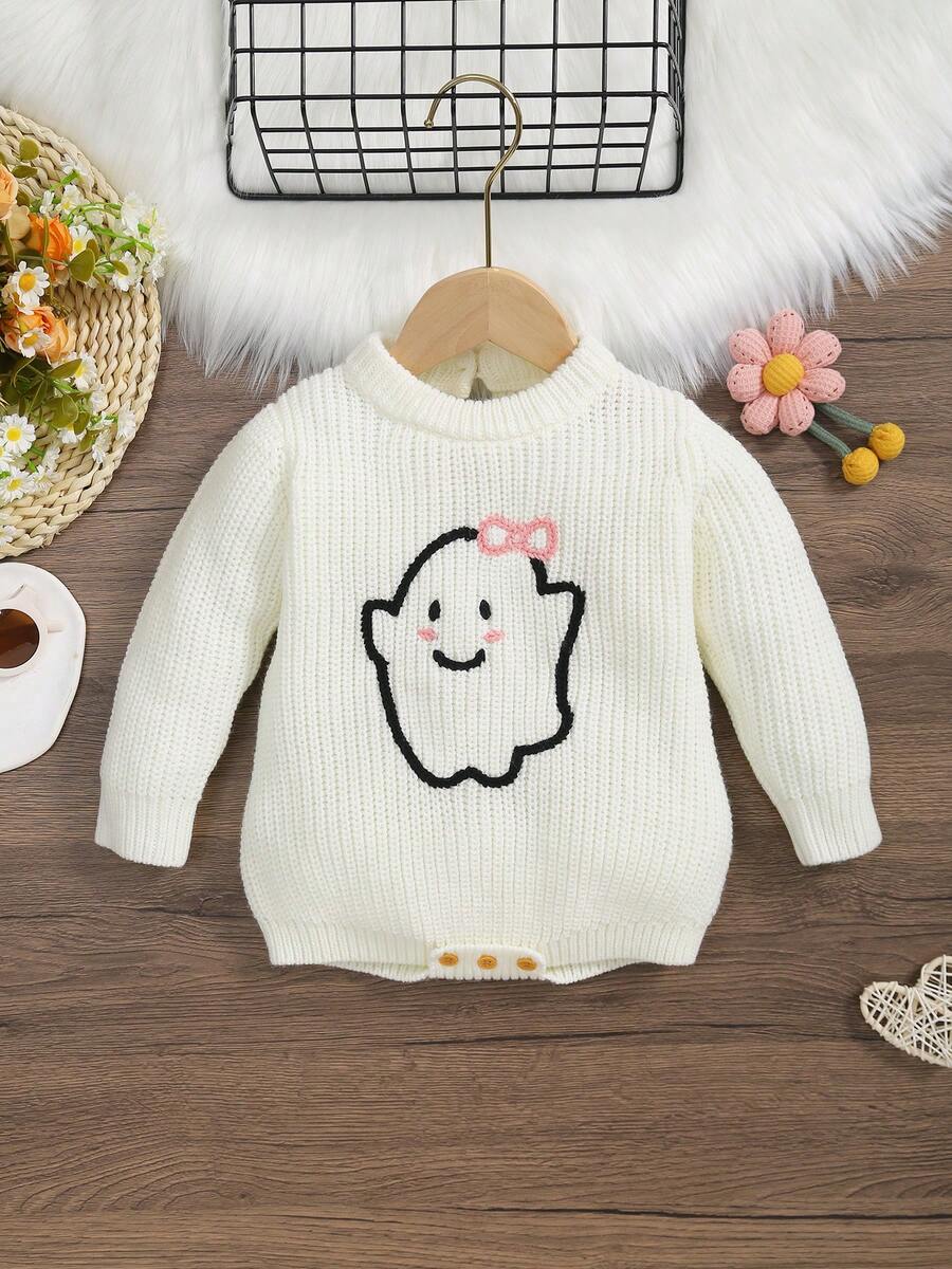 Infant Girls' Cute Ghost Pattern Solid Color Warm Knitted Romper, Halloween