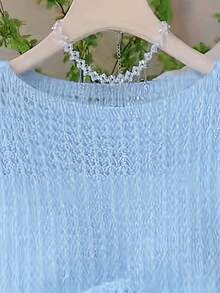 Áo dệt kim dáng rộng, màu trơn, khoét lỗ, thoải mái cho nữ mùa hè - Màu xanh lam - Xem 4