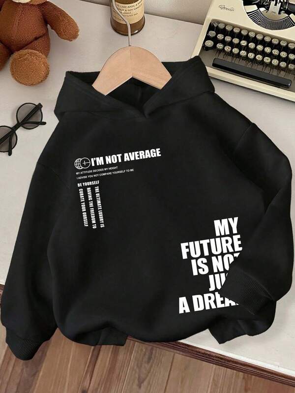 Young Boy Slogan Graphic Warm Hoodie