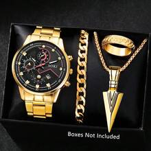 时尚 1 套男士石英表套装带日历功能锌合金表壳和表链，圆形表盘，电子驱动和指针显示，包括吊坠项链手链和戒指理想的生日适合日常佩戴、生日礼物、派对、节日聚会，也是送给自己或朋友的理想礼物不包括盒子