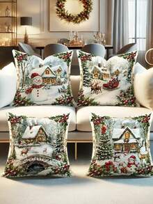 Zestaw 4 poduszek dekoracyjnych na Boże Narodzenie z 1 lub 4 elementami – nowoczesny nadruk z bałwanem, Świętym Mikołajem, reniferem i ostrokrzewem, 18 x 18 cali | Zapięcie na zamek błyskawiczny | Wytrzymały materiał poliestrowy | Nadaje się do salonów, pokoi, sof i sypialni (bez wypełnienia) Idealny na świąteczne dekoracje i przyjęcia