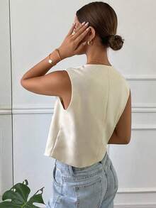 Women's Solid Colour Round Neck Sleeveless Slim Fit Jacket - Apricot - View 2