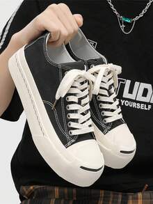 Teens' Canvas Shoes, Niche Design Couple Casual Sneakers, Unisex Low-Top Face Thick Sole Retro Breathable Canvas Shoes