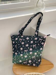 1 pièce Sac à main matelassé à motif floral, sac à bandoulière de voyage, sac fourre-tout à nœud et motif floral, sac de voyage à la mode, sac de courses, sac d'école, sac à déjeuner, grande capacité, sac de rangement pour aliments et fruits, boîte à déjeuner, pochette à bento, sac non isolant pour dîner, joli sac à déjeuner