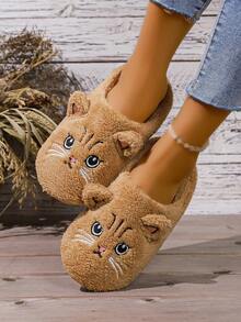 Pantuflas de mujer con estampado de gato de peluche - Zapatos de casa suaves y cómodos, pantuflas de gato de dibujos animados lindas para primavera, otoño e invierno, casuales y convenientes, forro suave, transpirables, versátiles, pantuflas para parejas - Camel - Ver 4