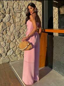 Women's Long Strap Jumpsuit With Button - Baby Pink - View 2