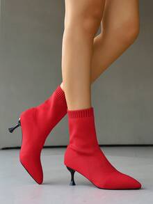 Damen elegante rote unifarbene elastische Knöchelstiefel, Pyramiden-Spitzenschuhe Socken-Stiefel Herbst/Winter gestrickte Kurzstiefel Mode Socken-Stiefel High Heel Stiefel Urlaubs-Kurzstiefel Outdoor-Knöchelstiefel, Weihnachtsparty rote Stiefel