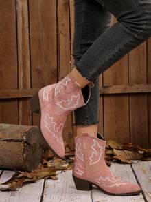 Stivaletti alla caviglia da donna con punta affusolata, tacco largo, ricamati, nuovi per l'autunno/inverno. Stivali Chelsea occidentali alla moda e versatili con taglio a V