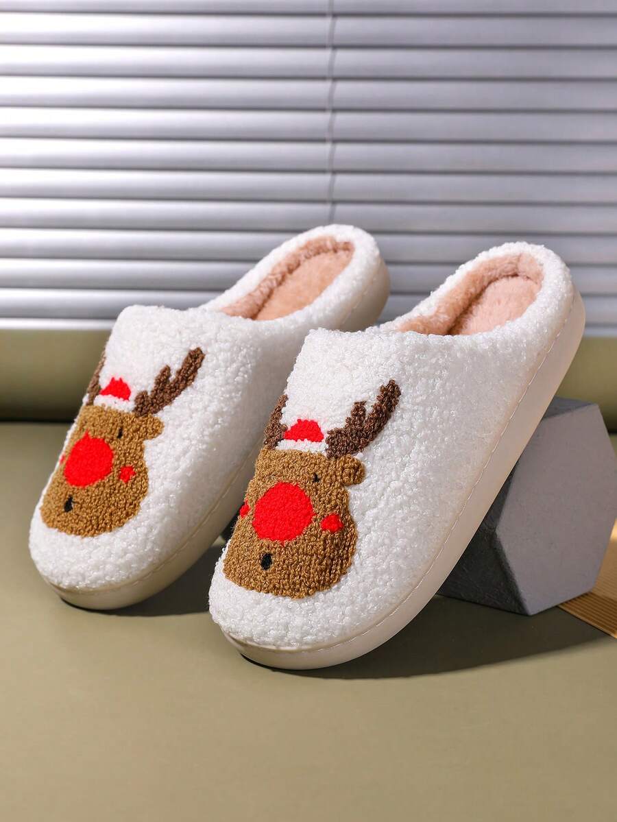 Warme und rutschfeste Hausschuhe für Herbst und Winter, Hausschuhe für Innenräume für Halloween, Weihnachten, Hirsch, Weihnachtsbaum, gestickte warme Hausschuhe