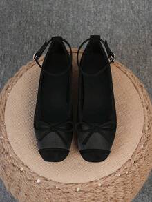 Women's Ballet Flats, Fashionable Square Toe Slip-On Soft Bottom Shoes, Versatile Flat Shoes, Black Flat Bow Tie Loafers, Size Run Large, Plus Size 35-43