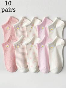 10 Pairs (Random Shipped) Women Embroidered Floral Pattern Casual Short Socks, Suitable For Daily Wear