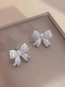 1 Pair Of Sparkling Crystal Bow Earrings For Girls Ears Exquisite Wedding Valentine's Day Christmas Gift Valentine's Day Mom Mother Mother's Day Gift - one-size - View 4