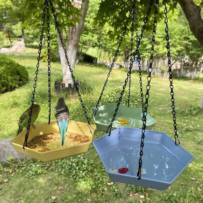 1pc Hanging Bird Feeder & Waterer - Polygonal Parrot Feeder Bowl With Bathing Function, Suitable For Garden Decor To Attract Wild Birds