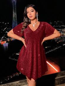 Plus Size Women's Summer Sequin Petal Short Sleeve Loose Straight Dress