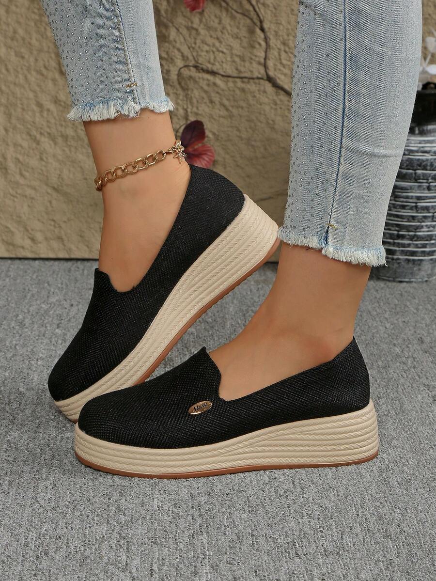 Mocasines casuales de mujer, zapatos de plataforma con cuña tejidos de cuerda de lino sintético - Negro - Ver 1