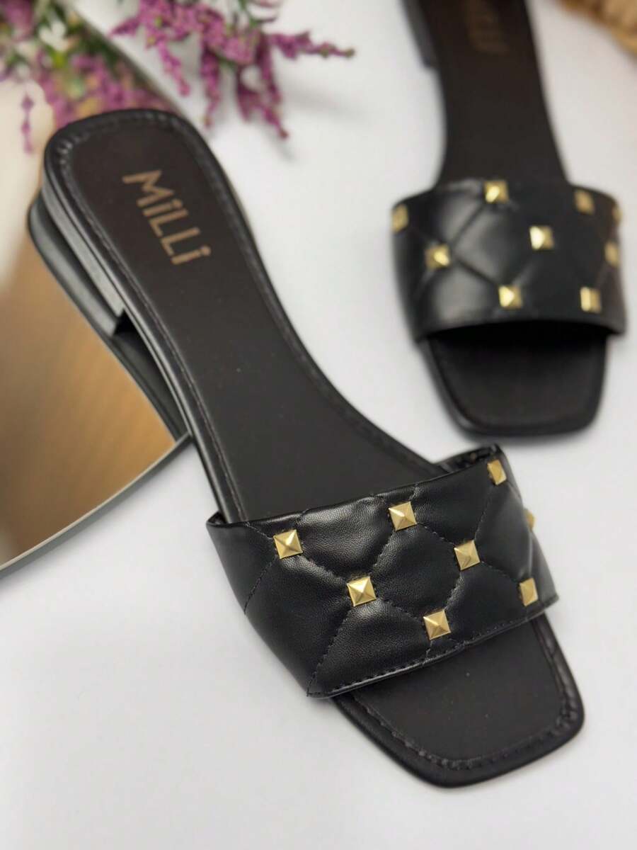 Renata Milli Milli Elegant Women's Flat Beach Sandals Elegant PU Appliques Spikes Studs Beach Summer - 黑色 - 查看 1