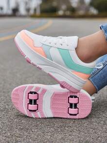 1双儿童拼接撞色PU系带厚底可爱轮滑鞋，适合四季日常穿着，儿童直排轮滑鞋 - 粉色 - 查看 10