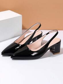 Zapatos de tacón alto con punta puntiaguda y sin talón de cuero patentado negro para mujer, elegantes tacones gruesos retro adecuados para varias ocasiones como banquetes, bodas, otoño, oficina y moda