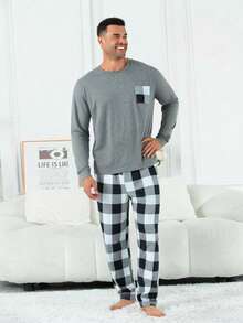 2pcs Men's Plus Size Casual Loose Solid Crew Neck Long Sleeve Top With Pockets & Plaid Pants Pajama Set, Suitable For Spring, Autumn, Winter, Valentine's Day Gift