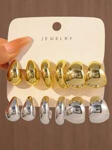 6-12pcs Gold + Silver Teardrop Smooth Hoop Earrings (No Card Packaging) (Bagged)